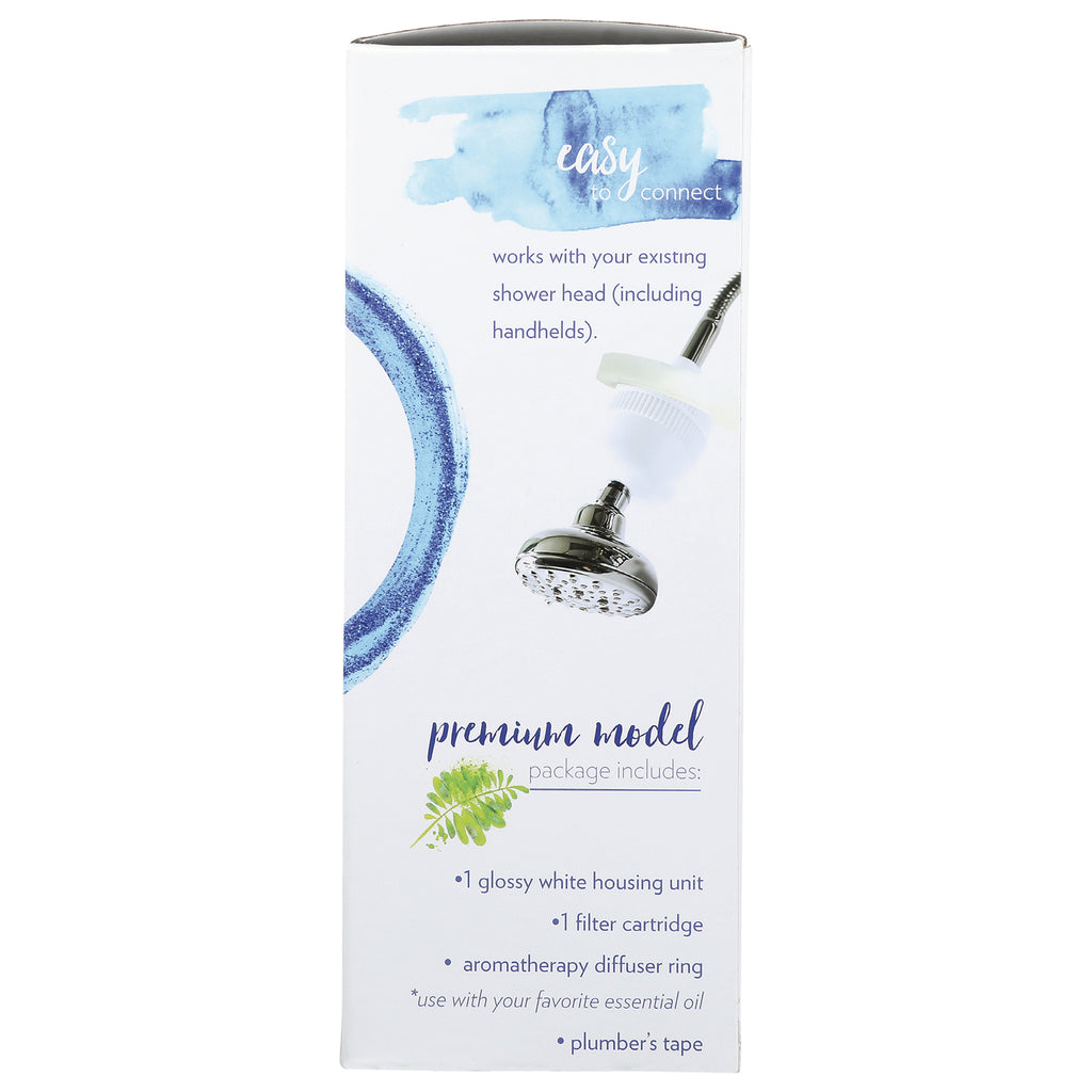 NWE001 | back of shower filter box labeled premium model with features list and showerhead image - Thumbnail