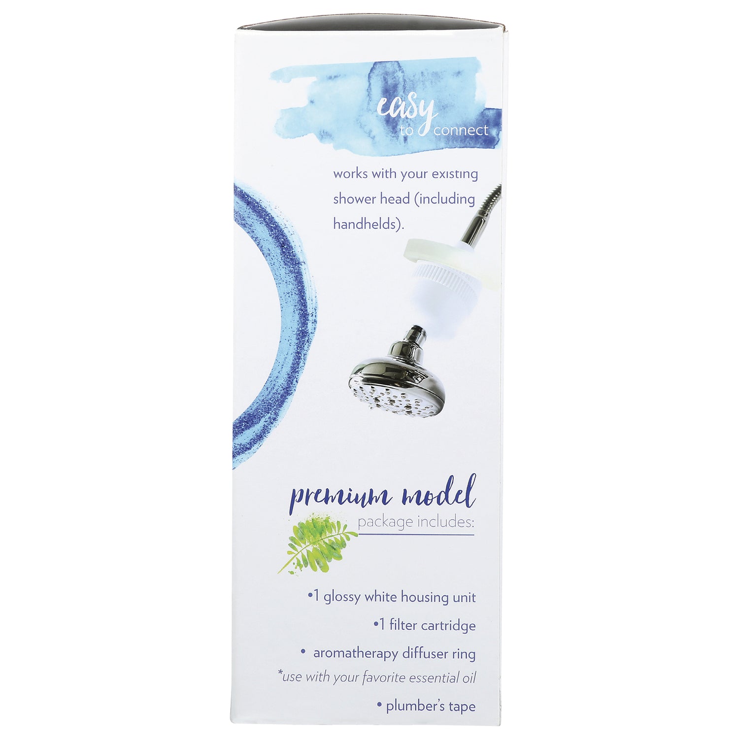 NWE001 | back of shower filter box labeled premium model with features list and showerhead image