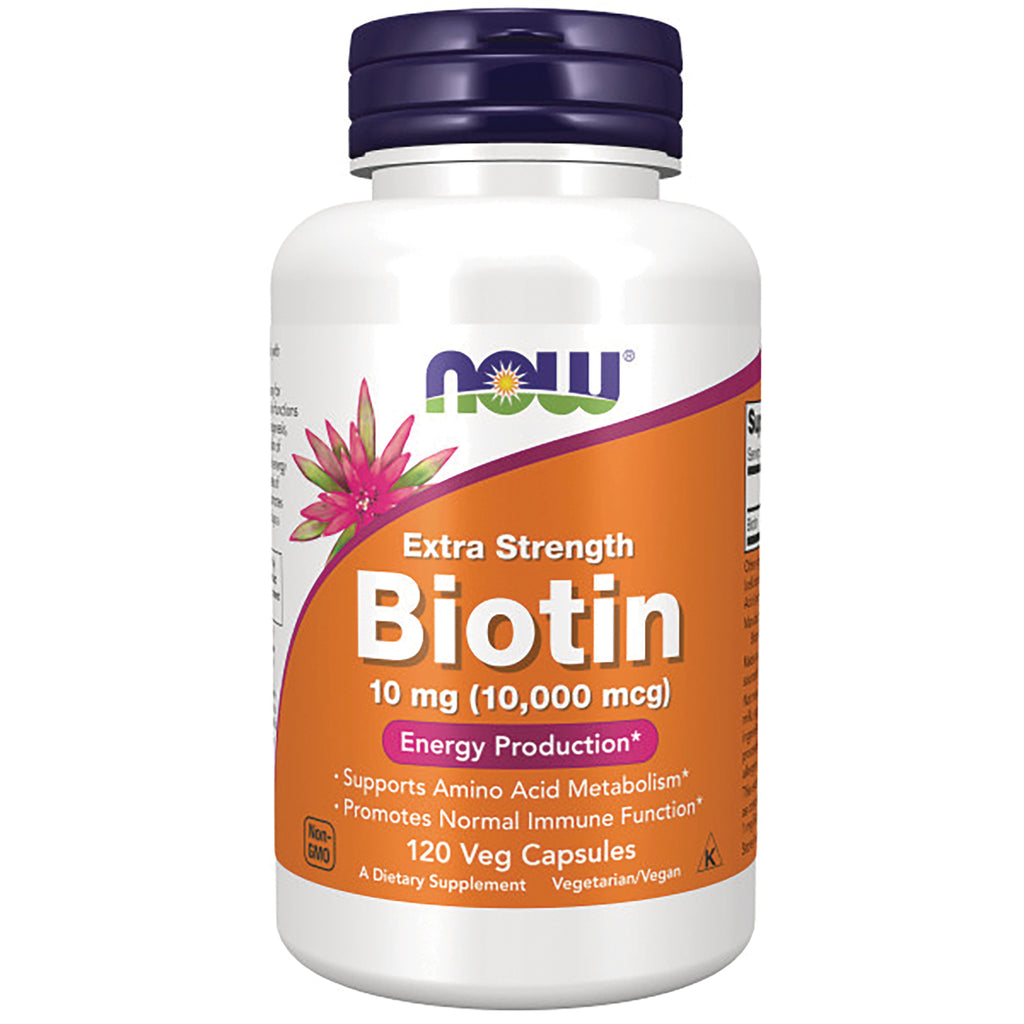 NWF1304 | NOW Extra Strength Biotin 10 mg (10,000 mcg) white bottle with orange label, 120 veg capsules - Thumbnail