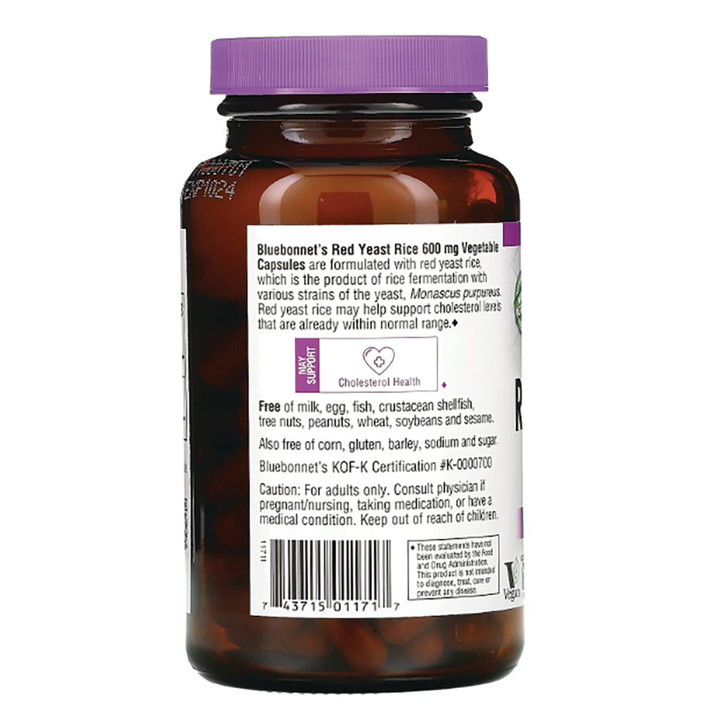 BLU111 | Back label of brown supplement bottle showing Red Yeast Rice text, ingredient and allergen info and barcode - Thumbnail