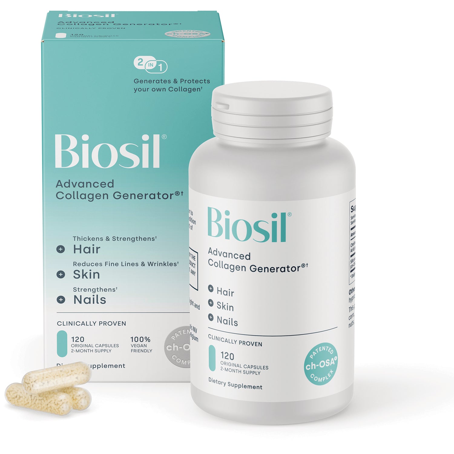 NFC103 | Biosil Collagen Generator box front reading ch-OSA and 120 original capsules, vegan friendly supplement