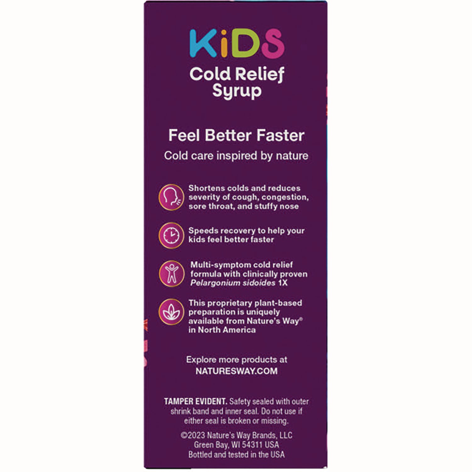 NW747 | Kids Cold Relief Syrup infographic panel listing benefits, key claims, and tamper evident notice