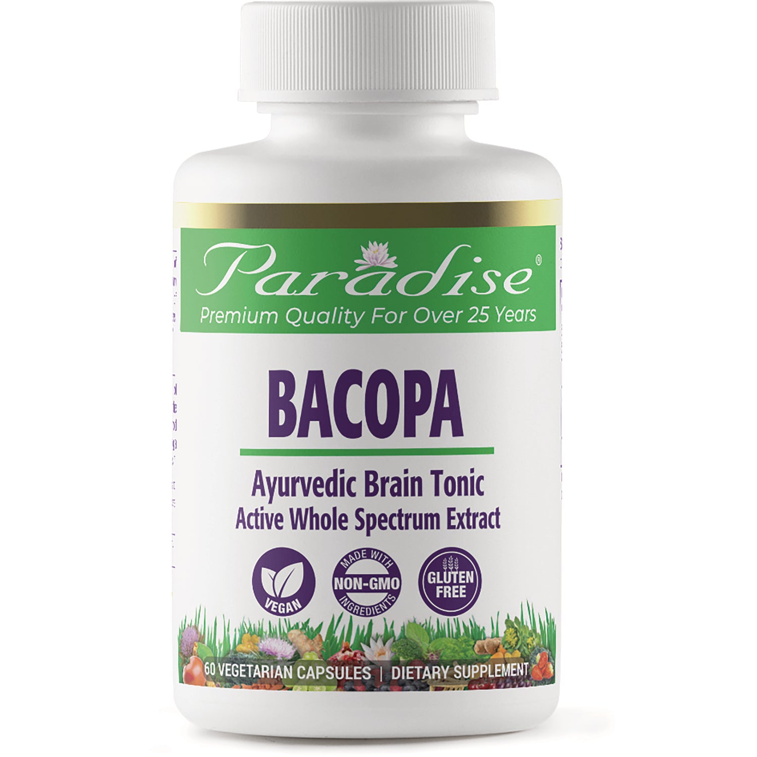 PRH005 | Paradise Bacopa bottle, Ayurvedic brain tonic, vegan non-GMO gluten free, 60 vegetarian capsules