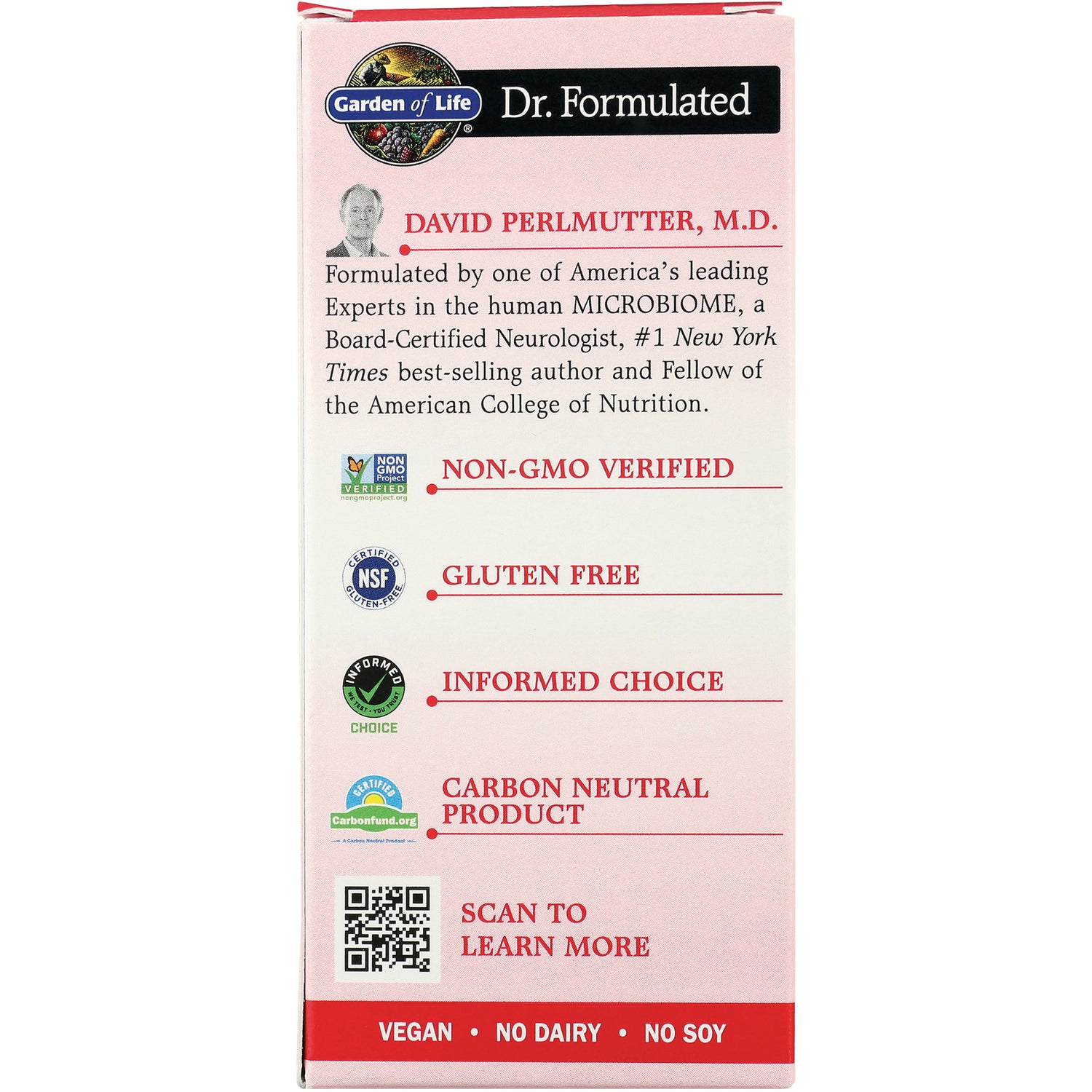 GLF362 | back panel listing Non-GMO Verified, Gluten Free, Informed Choice, Carbon Neutral Product, QR code, vegan no dairy no soy