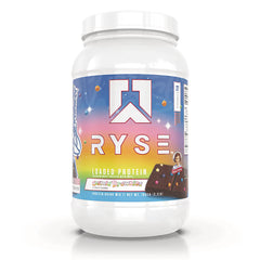RYS011 | Front view of RYSE Loaded Protein tub labeled Cosmic Brownies with colorful gradient label