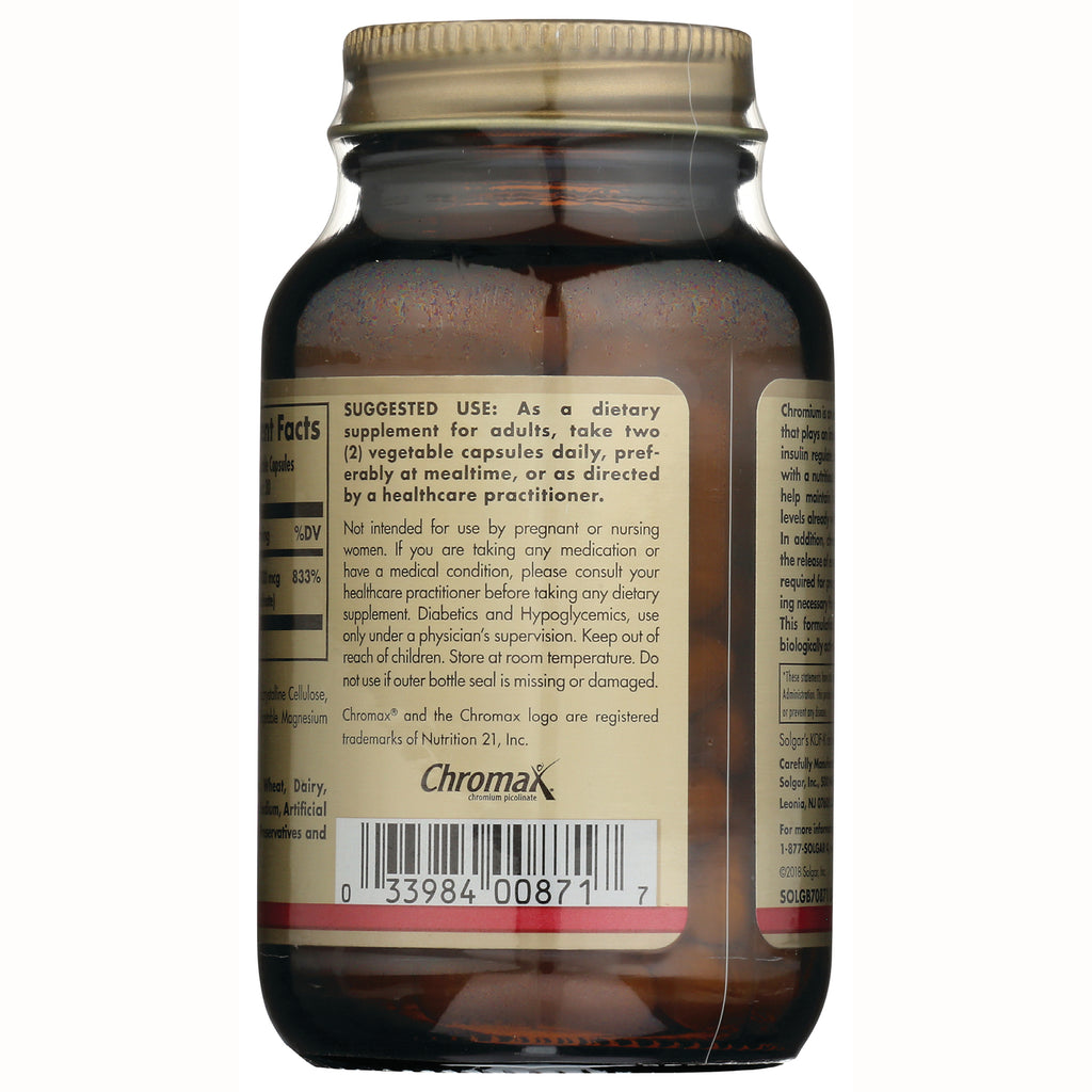 SLG269 | Back of amber supplement bottle showing suggested use text, Chromax logo, and barcode - Thumbnail