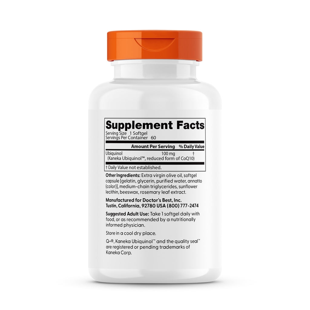 DB101 | back label showing Supplement Facts and ingredients for ubiquinol 100 mg softgel - Thumbnail