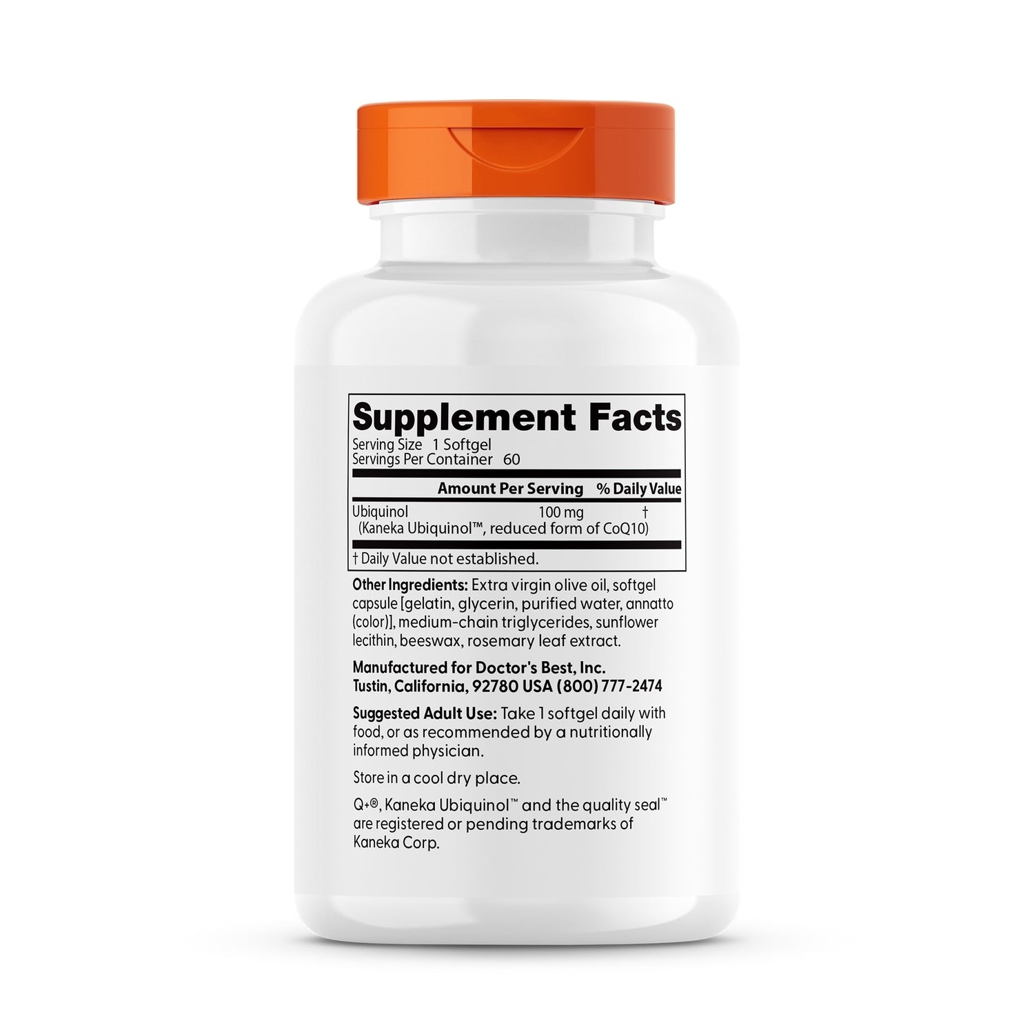 DB101 | back label showing Supplement Facts and ingredients for ubiquinol 100 mg softgel