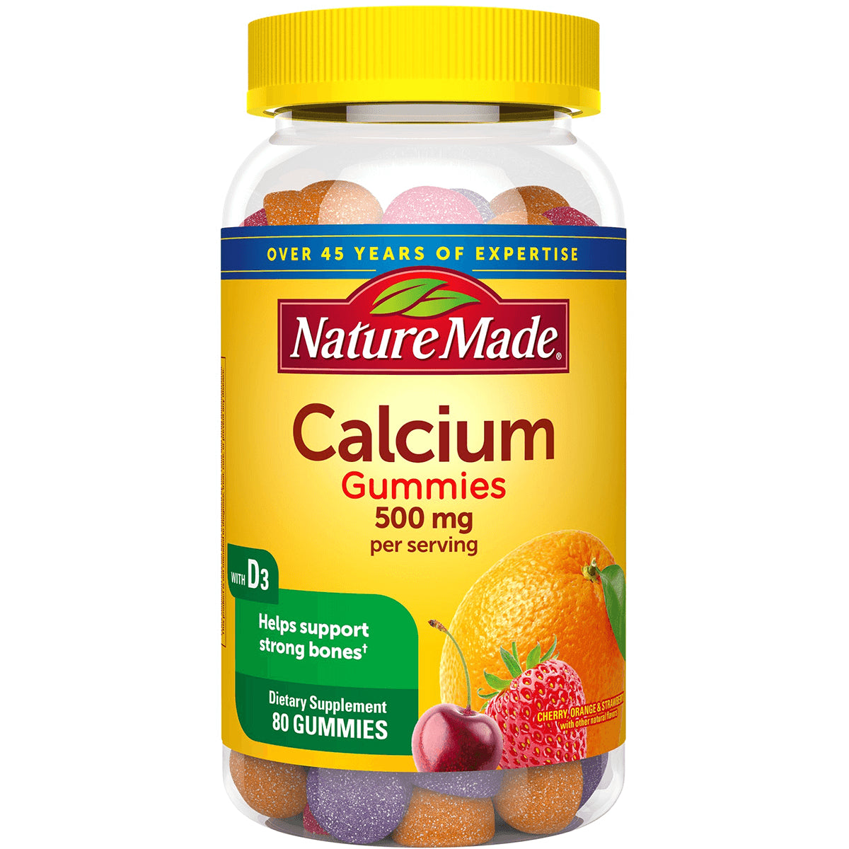 NTM031 | Nature Made Calcium Gummies 500 mg bottle, 80 gummies, orange and strawberry flavors