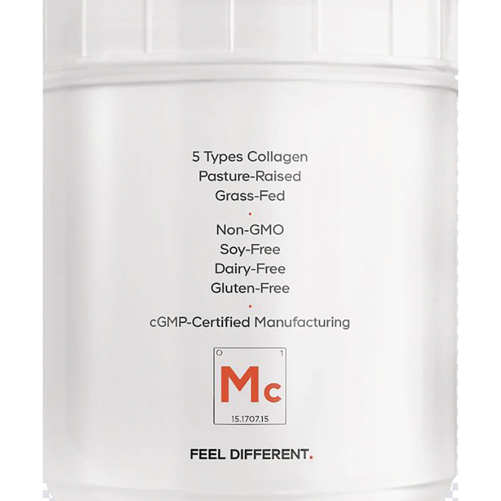 CDG009 | Back label of white supplement jar listing 5 Types Collagen, pasture-raised grass-fed, Non-GMO, soy-free, dairy-free, gluten-free - Thumbnail