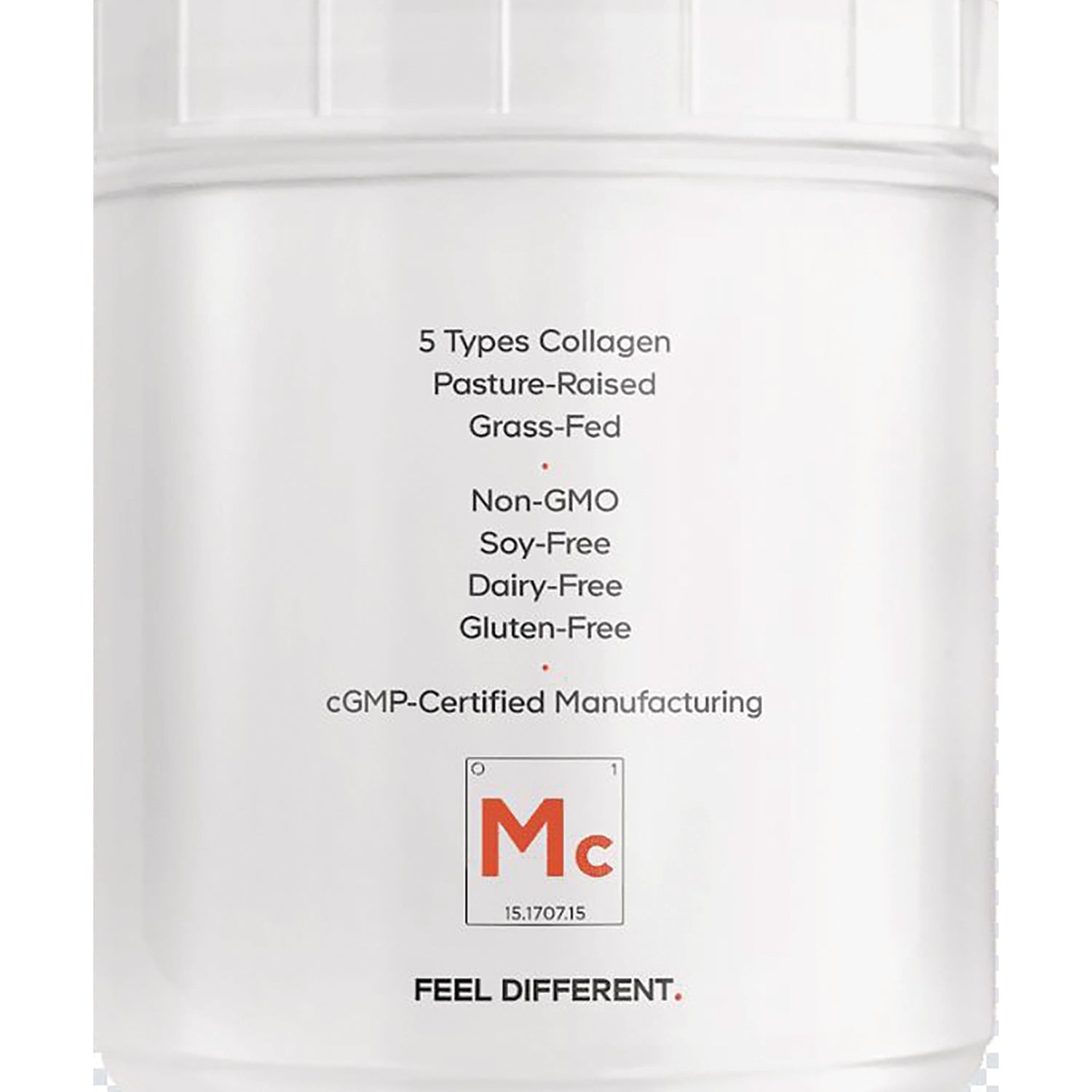 CDG009 | Back label of white supplement jar listing 5 Types Collagen, pasture-raised grass-fed, Non-GMO, soy-free, dairy-free, gluten-free