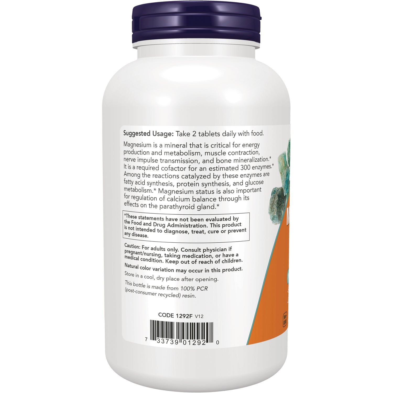 NWF256 | Back label of white supplement bottle showing suggested usage, warnings, and barcode