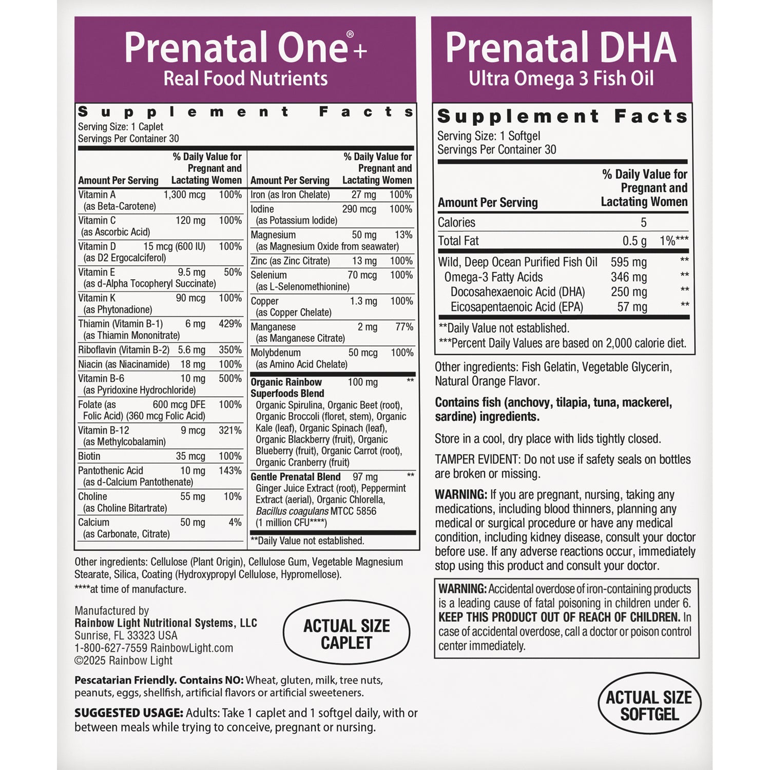 RBL170 | Back label showing Prenatal One and Prenatal DHA supplement facts, ingredients, warnings, and actual size indicators