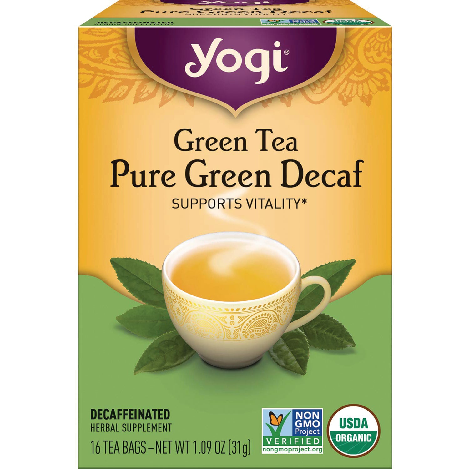 AHW017 | Yogi Pure Green Decaf green tea box showing cup of tea, \