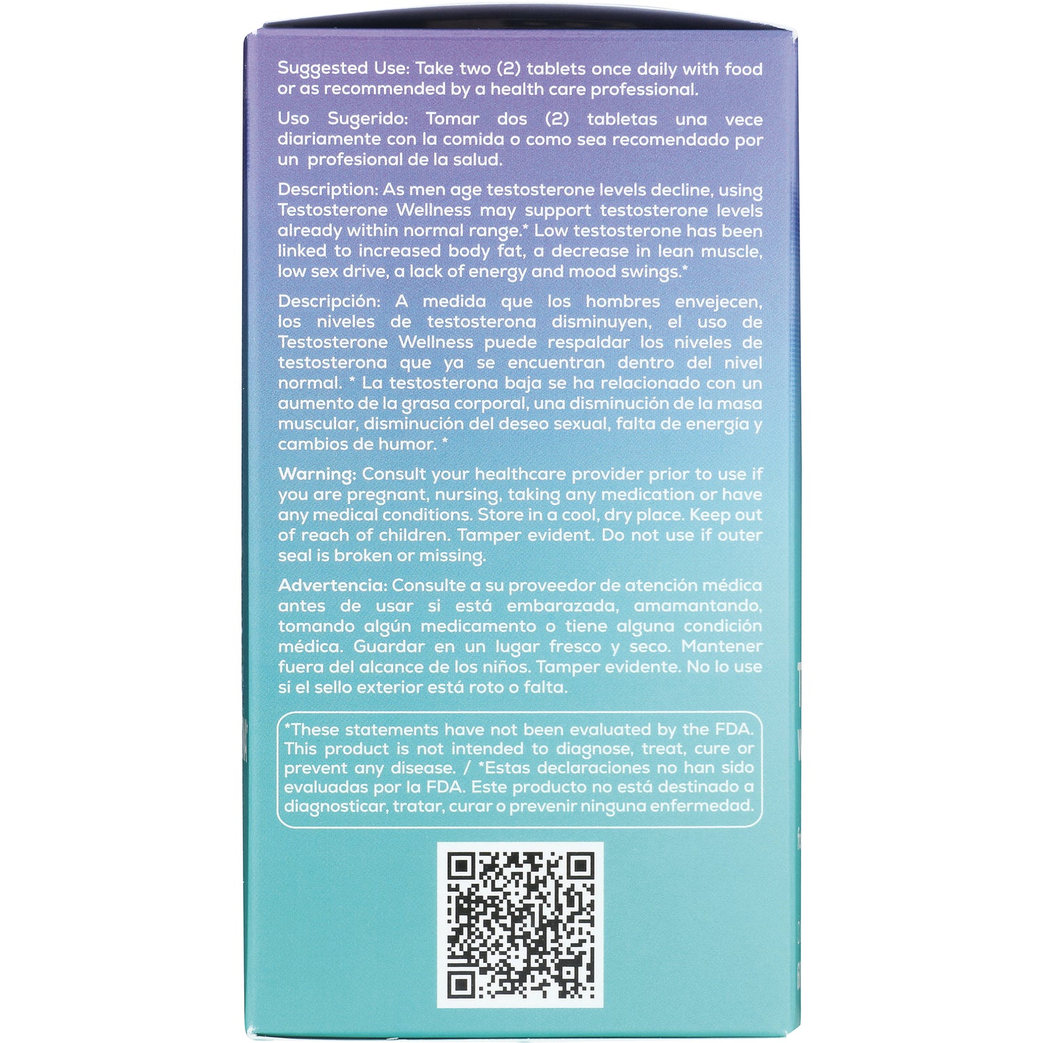 BNN016 | Back panel of teal product box with bilingual directions, warnings, FDA disclaimer and a QR code