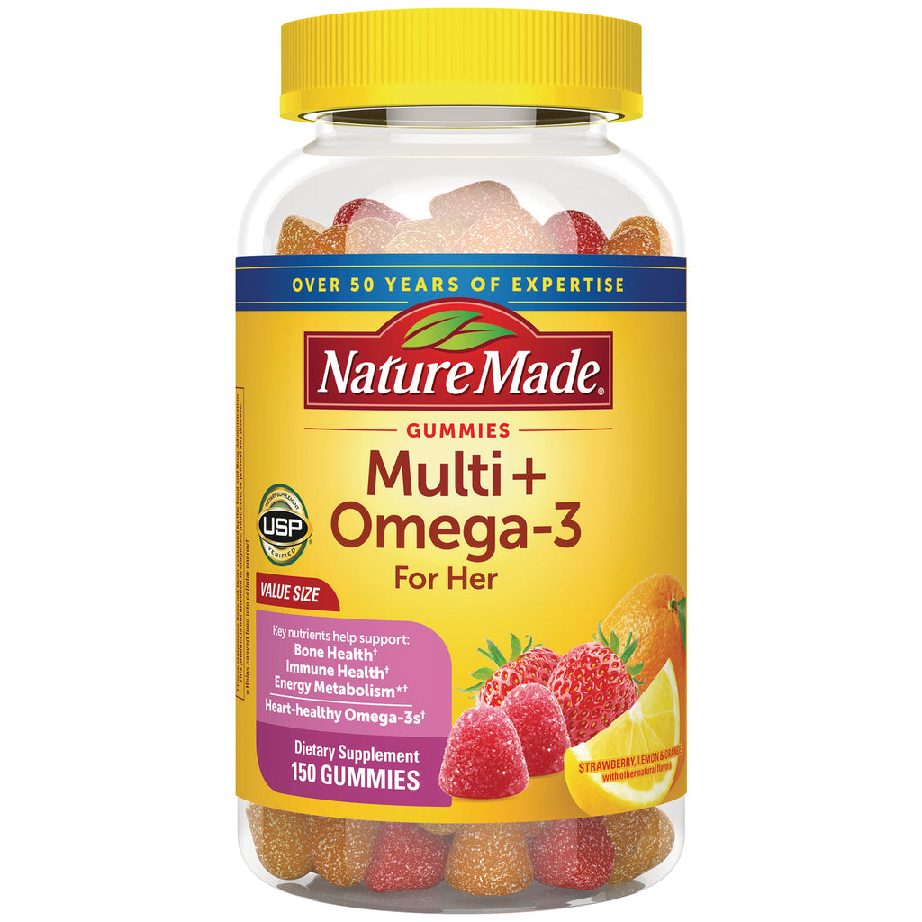 NTM195 | Nature Made Multi+ Omega-3 for Her gummies bottle with yellow label and visible strawberry and lemon gummies - Thumbnail