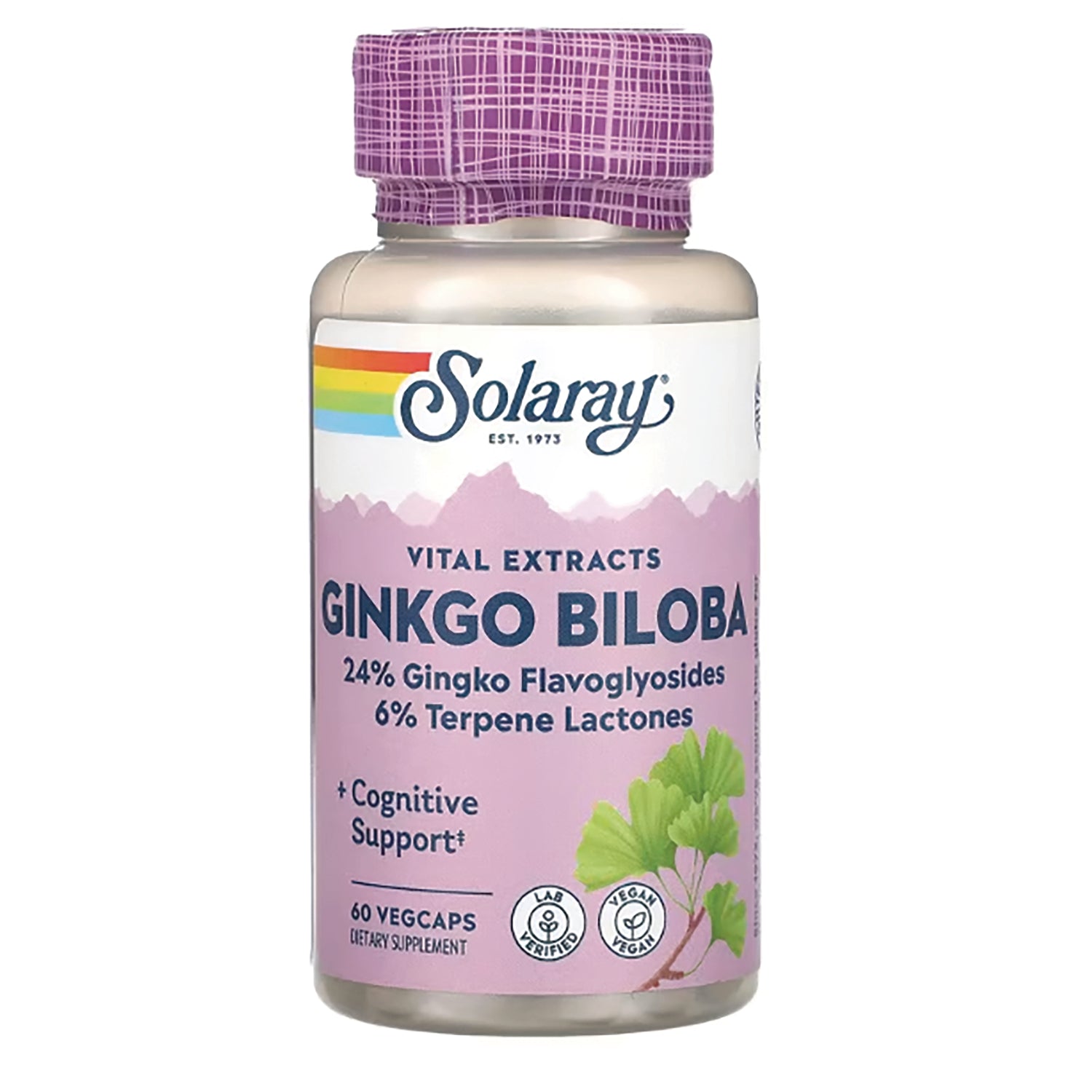 SLR354 | Solaray Ginkgo Biloba supplement bottle with pink label, ginkgo leaf illustration, 60 vegcaps
