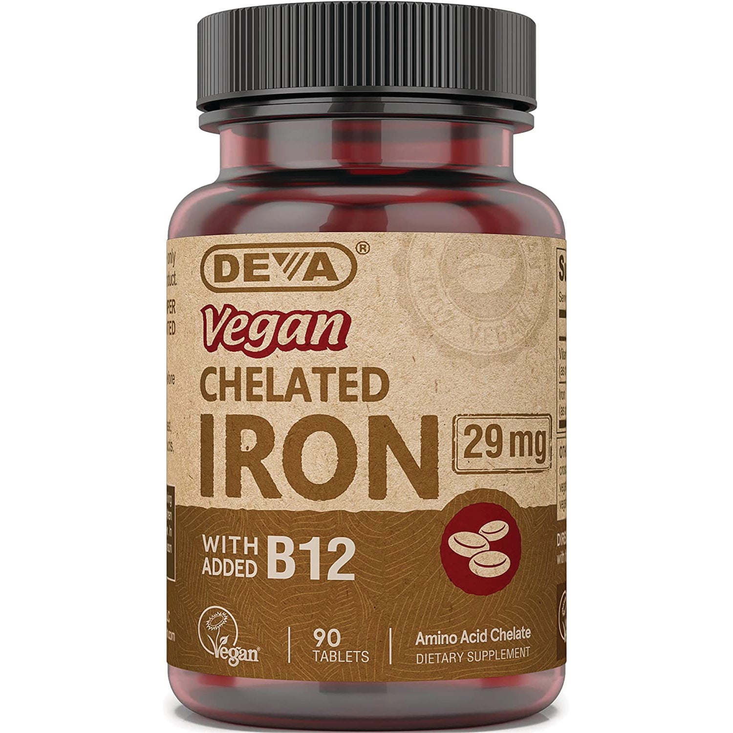 DEV013 | Front view of DEVA Vegan Chelated Iron 29 mg bottle with added B12, 90 tablets