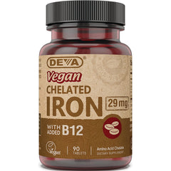 DEV013 | Front view of DEVA Vegan Chelated Iron 29 mg bottle with added B12, 90 tablets