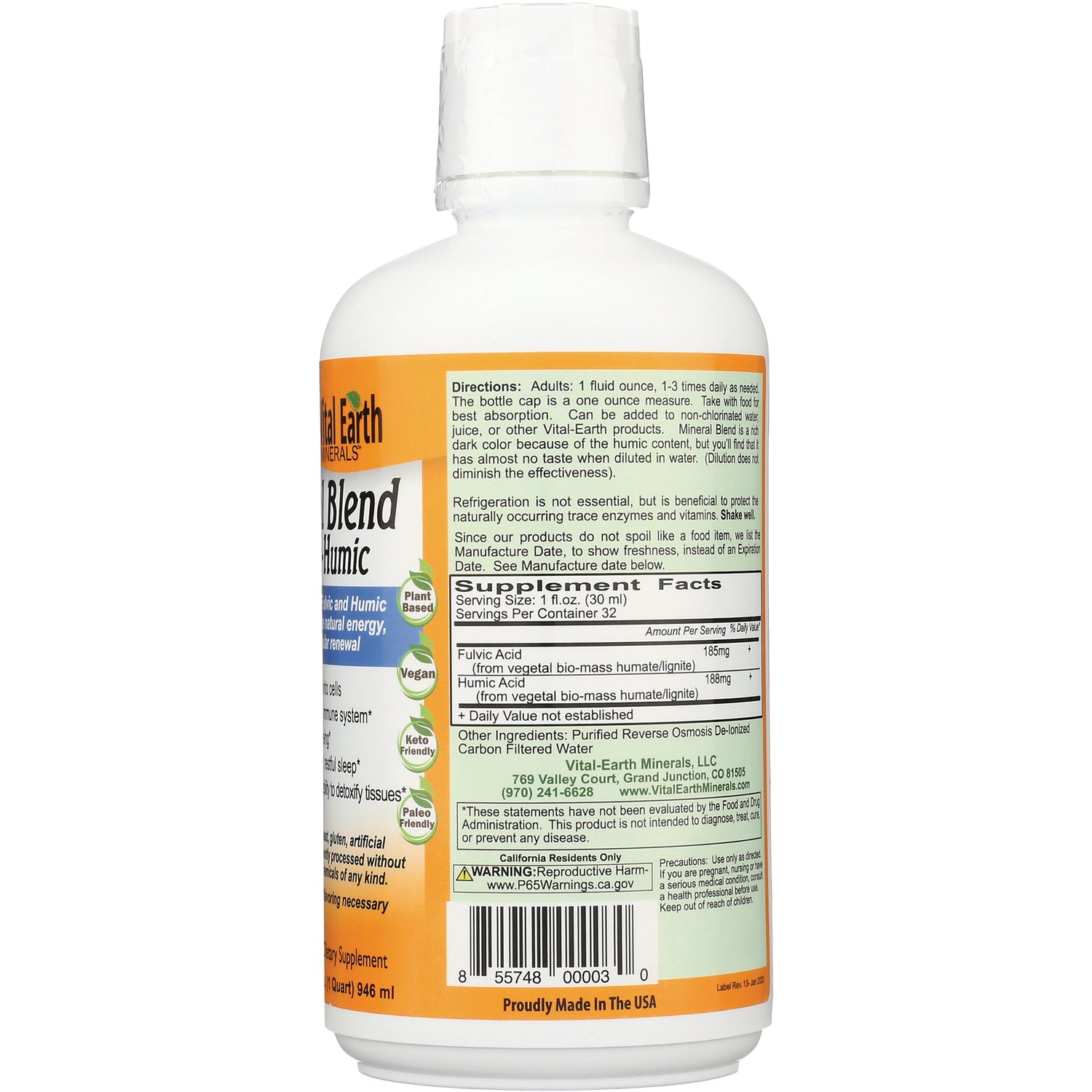 VEM004 | Back label showing directions, Supplement Facts panel, barcode, and warnings on liquid mineral blend bottle