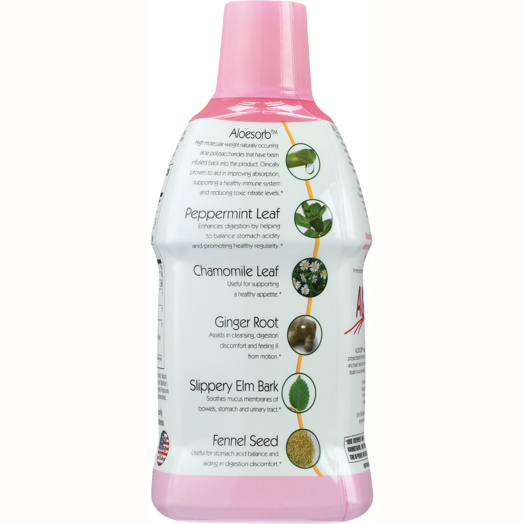LIL006 | product infographic on bottle listing Aloesorb, peppermint leaf, chamomile, ginger root, slippery elm bark, fennel seed with small plant images - Thumbnail