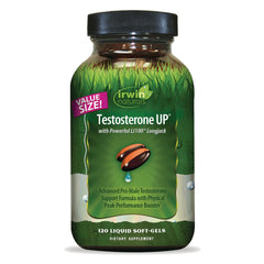 IR278 | Irwin Naturals Testosterone UP bottle, 120 liquid soft-gels, green label with grass graphic and VALUE SIZE tag