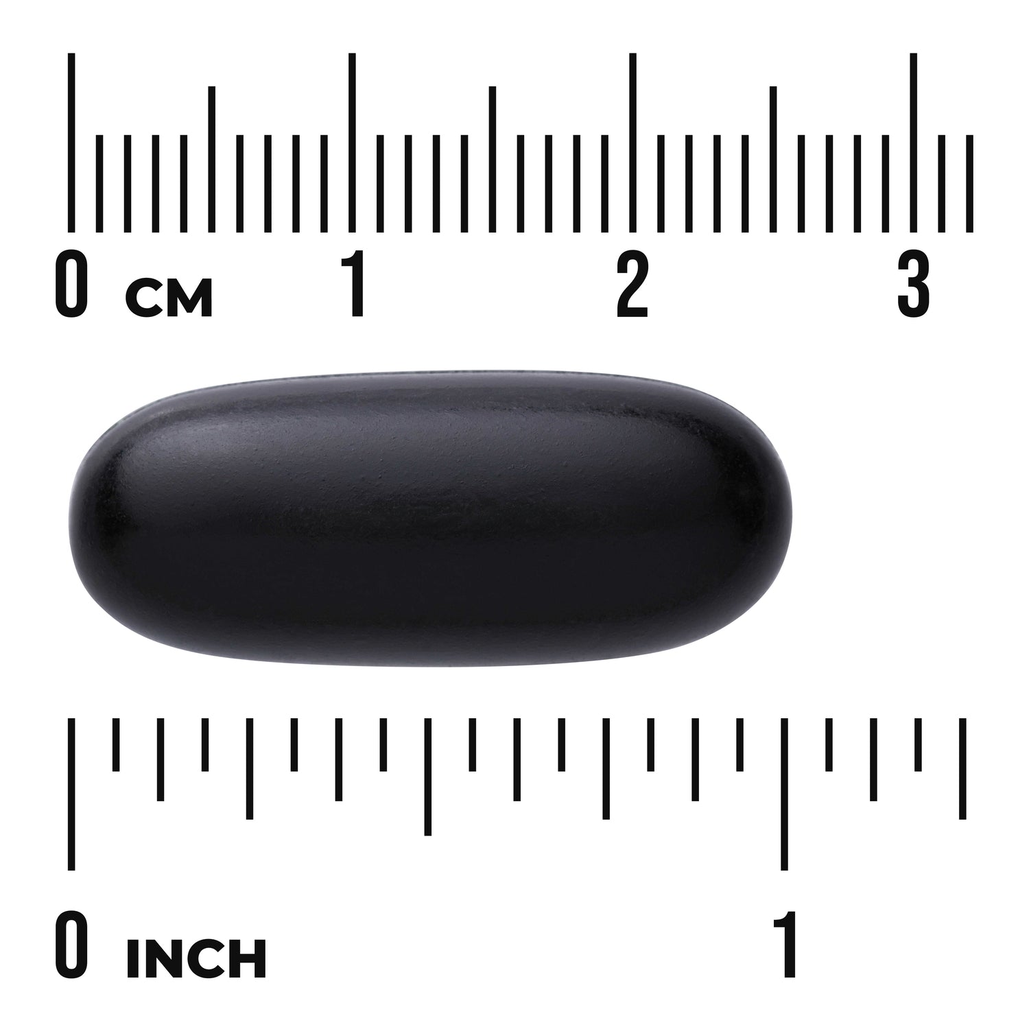 SW795 | Black oblong softgel with size scale in centimeters and inches