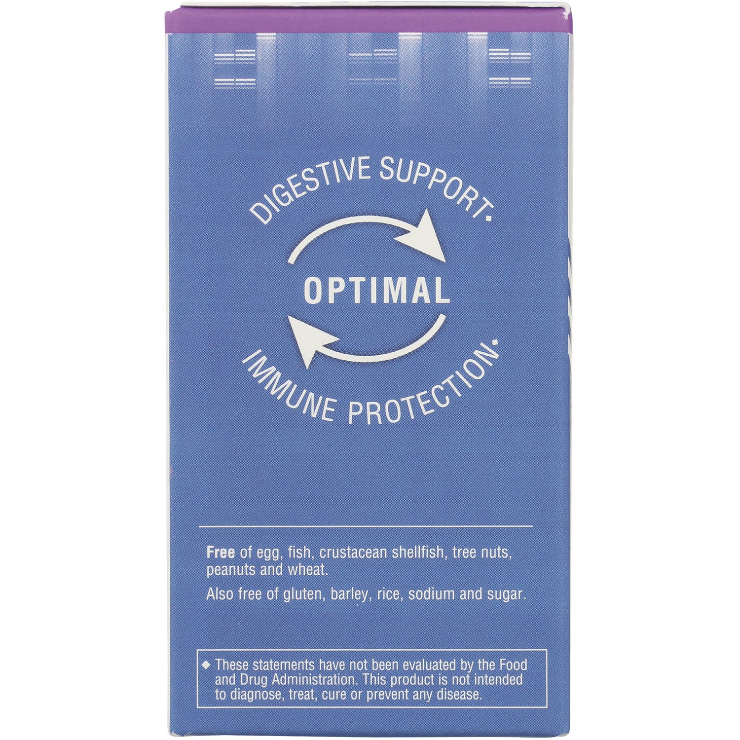 BLU148 | blue product panel reading OPTIMAL with circular arrows, labeled Digestive Support and Immune Protection, allergen-free statement