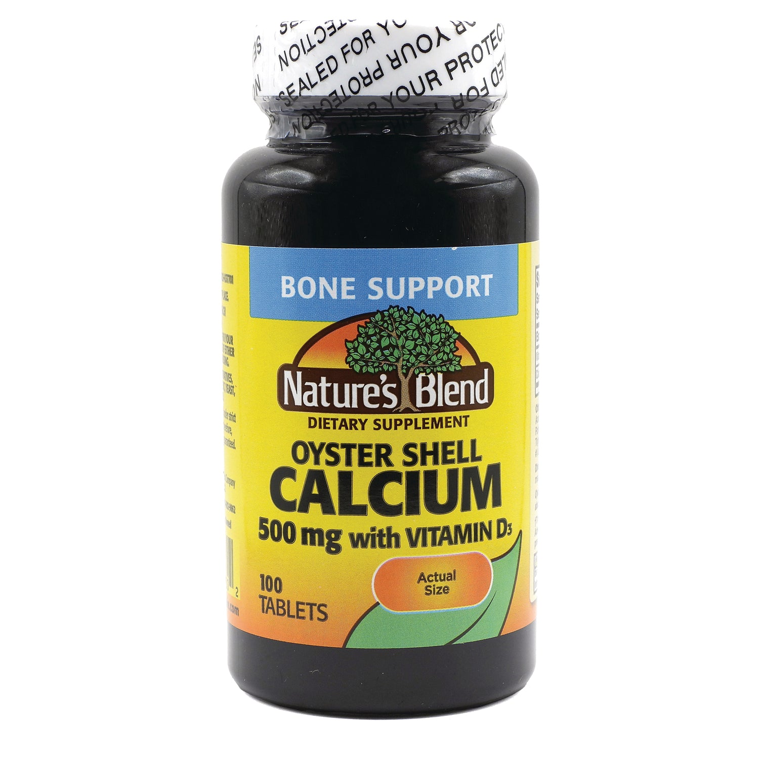 NAB127 | Nature's Blend Oyster Shell Calcium 500 mg with Vitamin D3 bottle front label, 100 tablets, Bone Support