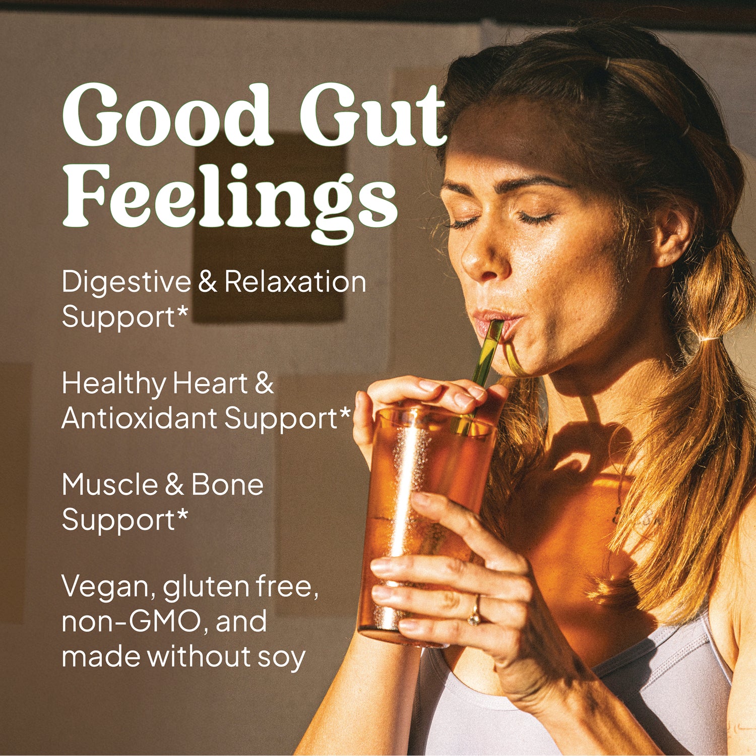 KL591 | Woman sipping a drink with overlay text Good Gut Feelings and benefits: digestive, heart, muscle support; vegan non-GMO