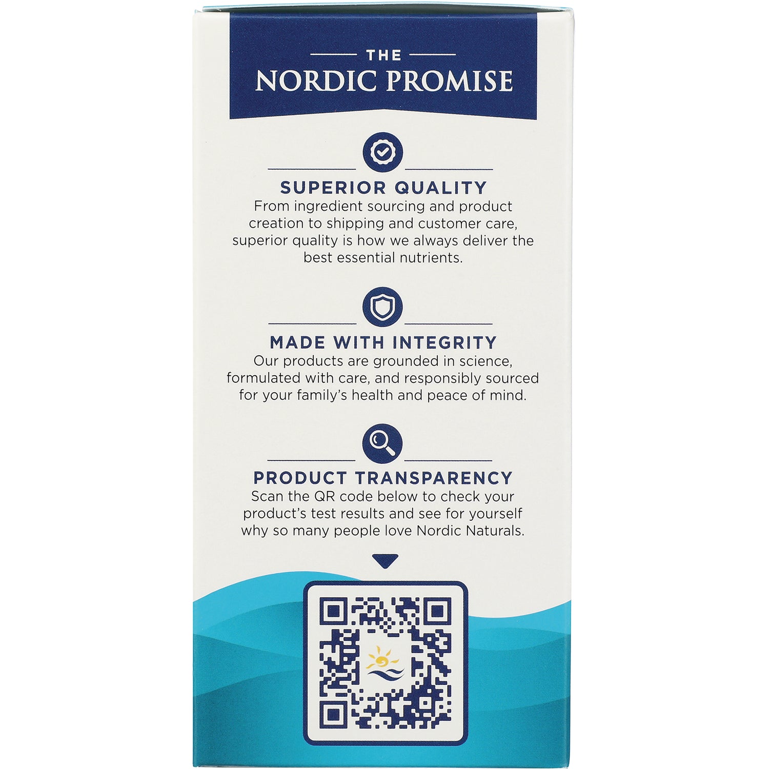 NRN012 | back panel infographic showing Nordic Promise, superior quality, made with integrity, product transparency and QR code
