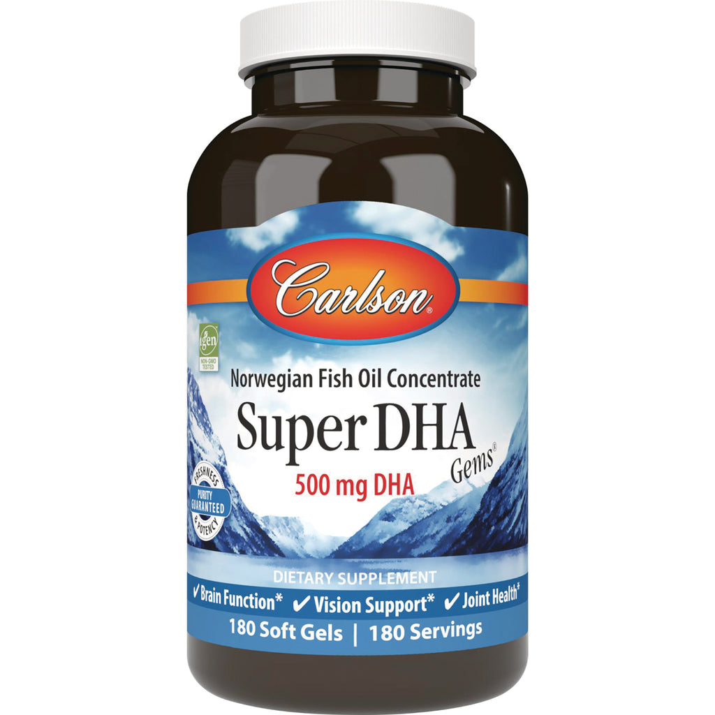 CSN014 | Carlson Super DHA 500 mg Norwegian fish oil concentrate bottle, 180 soft gels front label - Thumbnail