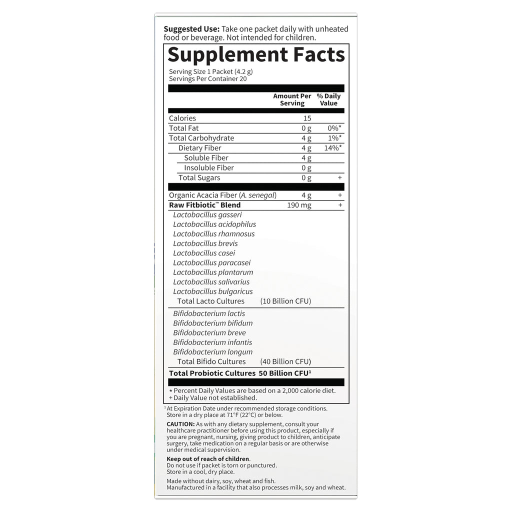 GLF209 | Supplement Facts panel showing serving size, fiber, Raw Fitbiotic blend and total probiotic cultures 50 Billion CFU - Thumbnail