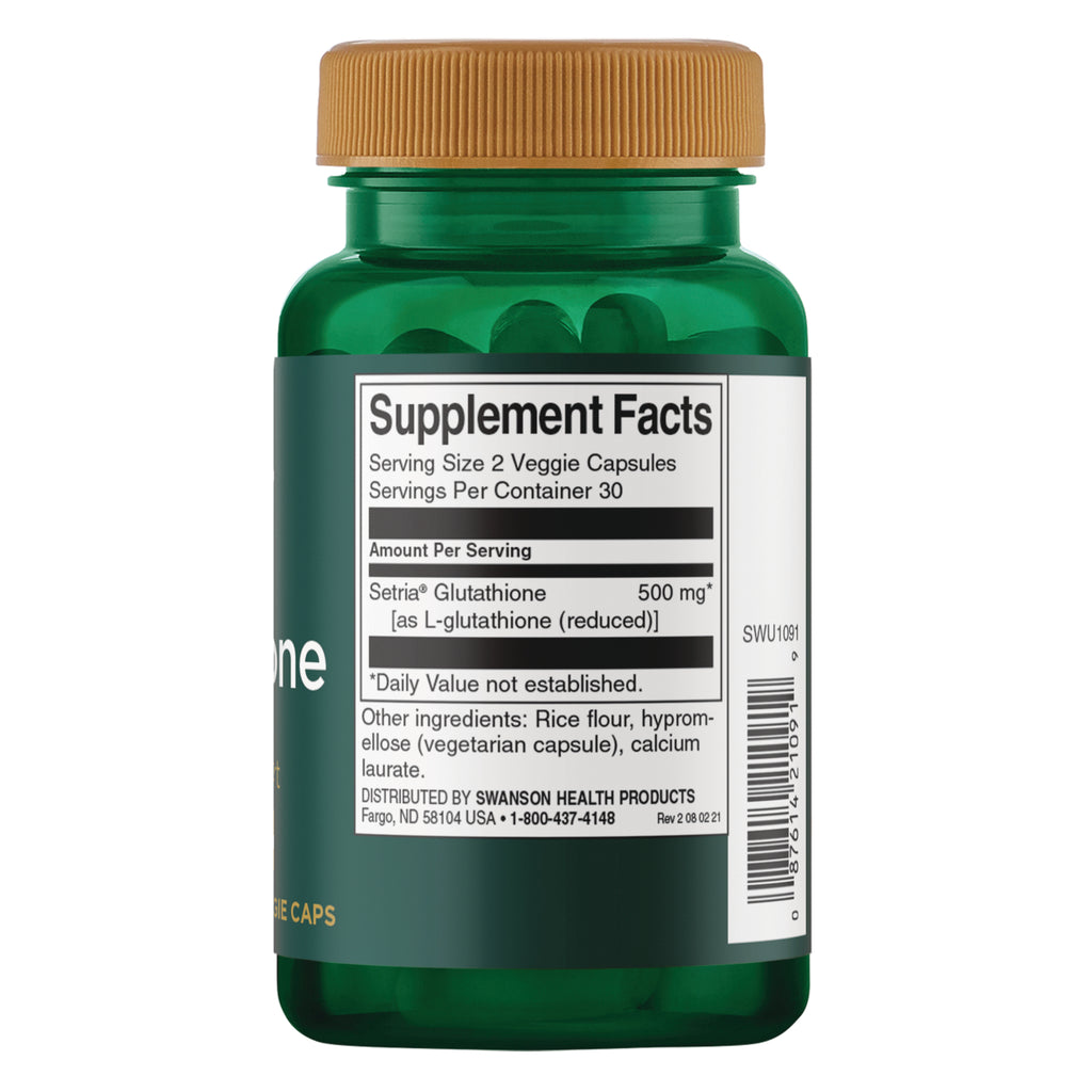 SWU1091 | Back label with Supplement Facts for glutathione capsules, 500 mg per serving, 2 veggie capsules, 30 servings - Thumbnail