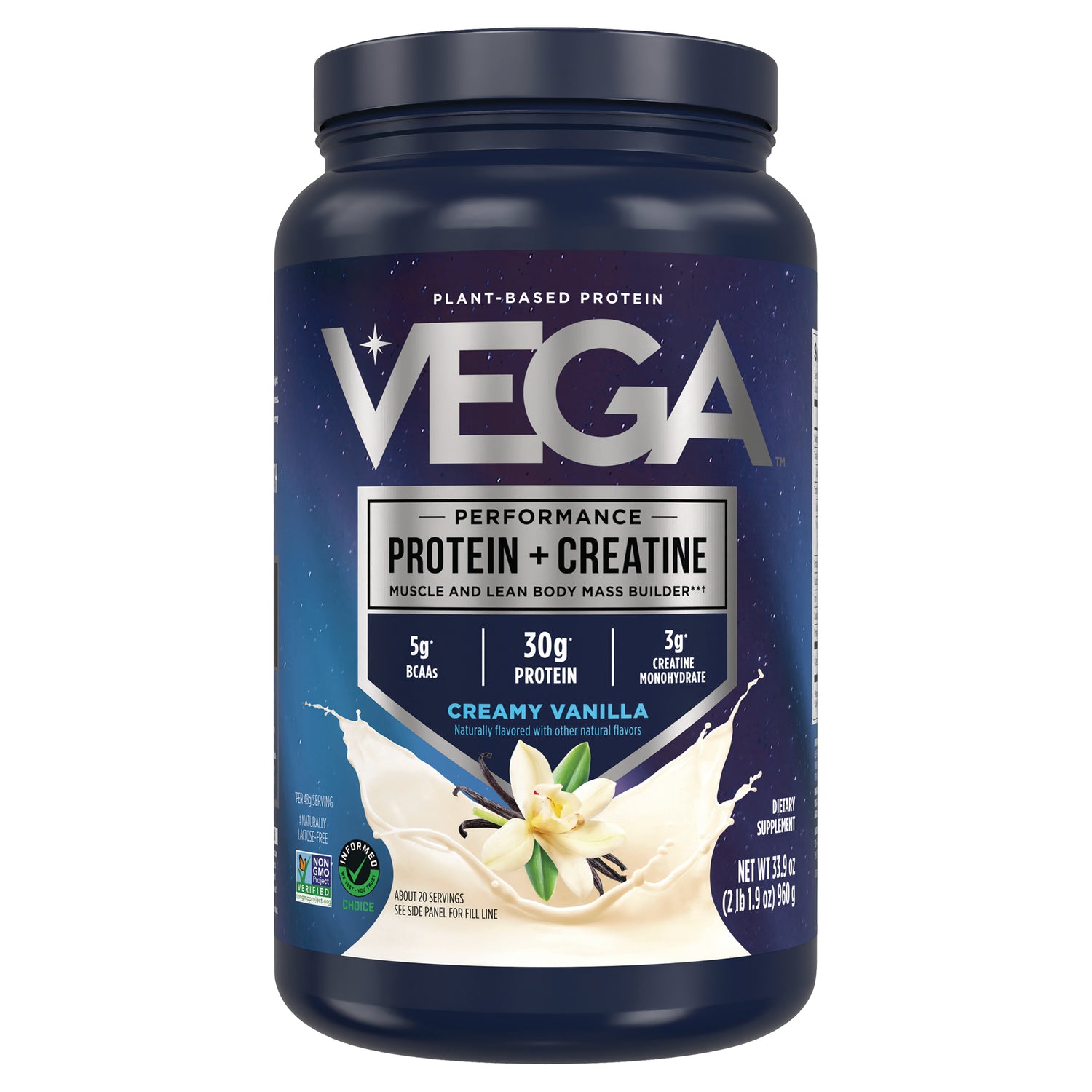VGA009 | Vega Performance Protein + Creatine powder, Creamy Vanilla flavor, 30g protein, 5g BCAAs, 3g creatine