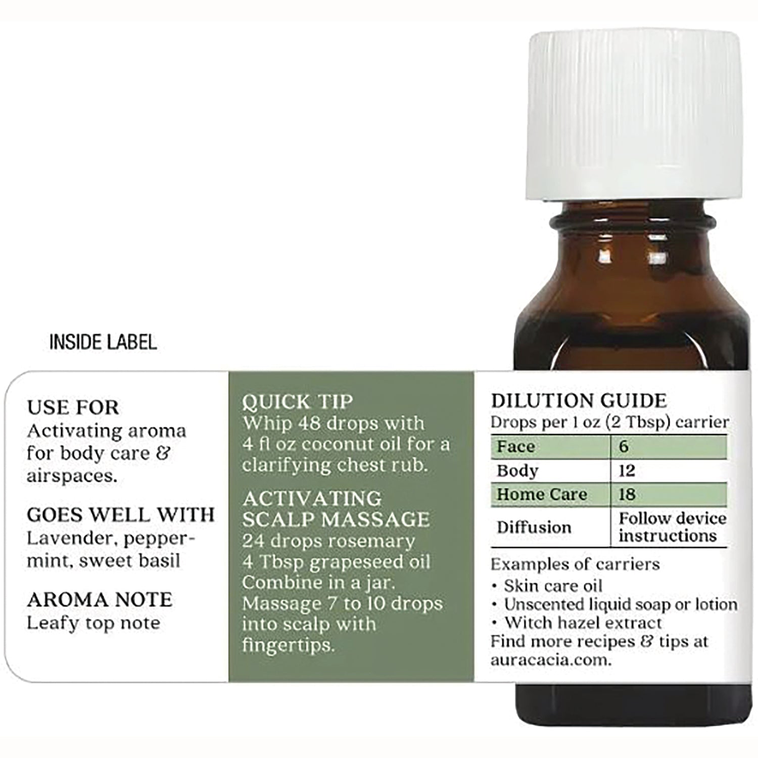ARC002 | Brown glass bottle back label showing dilution guide, quick tip, uses and aroma note