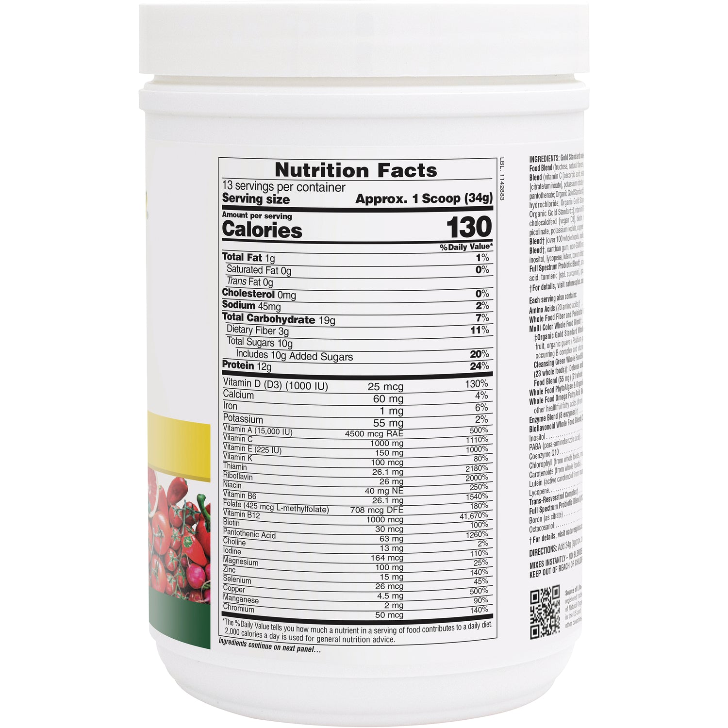 NTP155 | back label with Nutrition Facts panel listing 130 calories and supplement facts on white tub