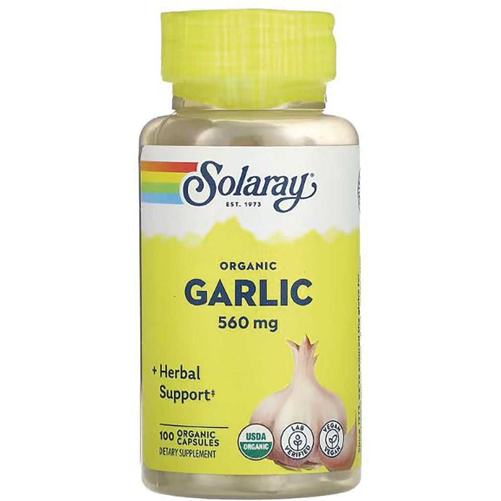 SLR389 | Solaray Organic Garlic 560 mg supplement bottle with yellow label and garlic bulb illustration - Thumbnail