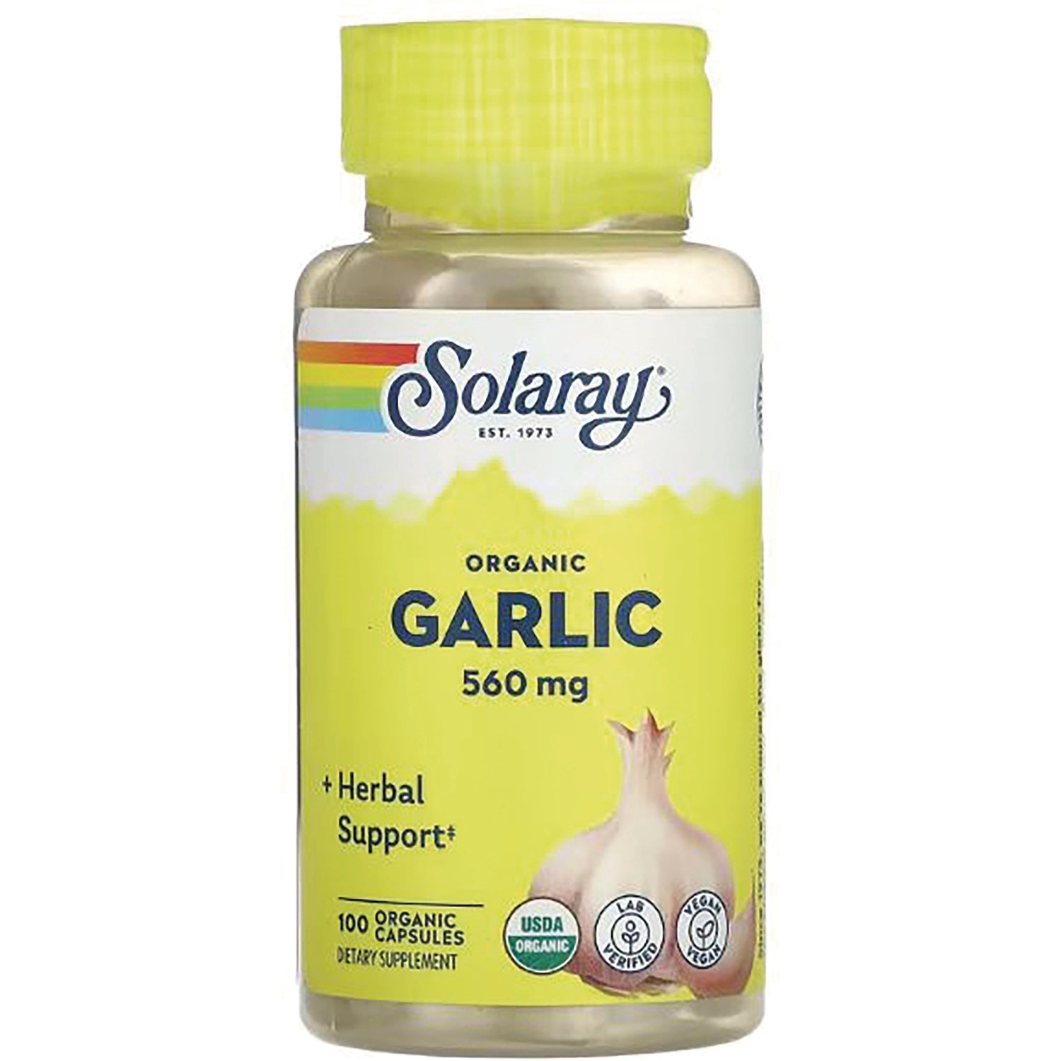 SLR389 | Solaray Organic Garlic 560 mg supplement bottle with yellow label and garlic bulb illustration