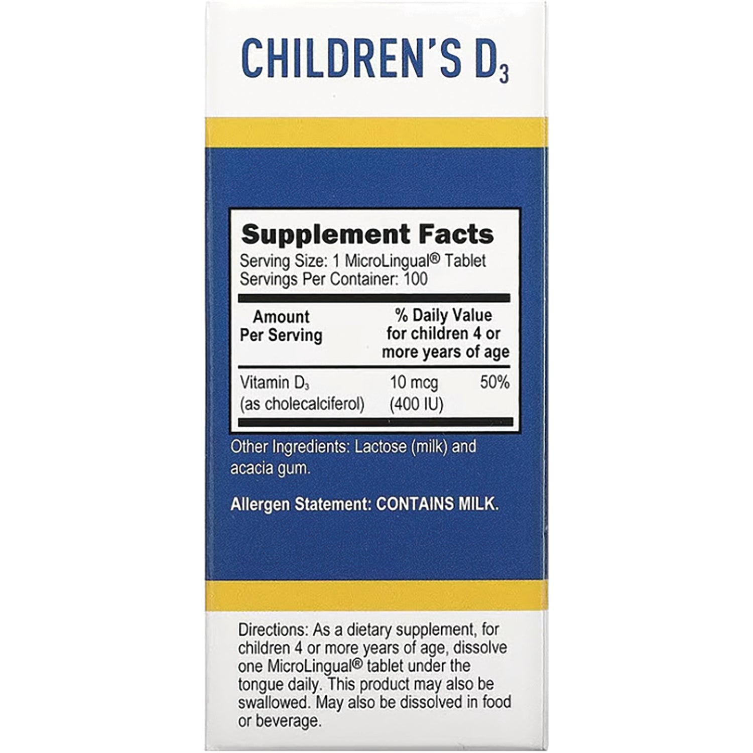 SUS027 | Back of Children's D3 supplement box showing Supplement Facts and allergen statement CONTAINS MILK