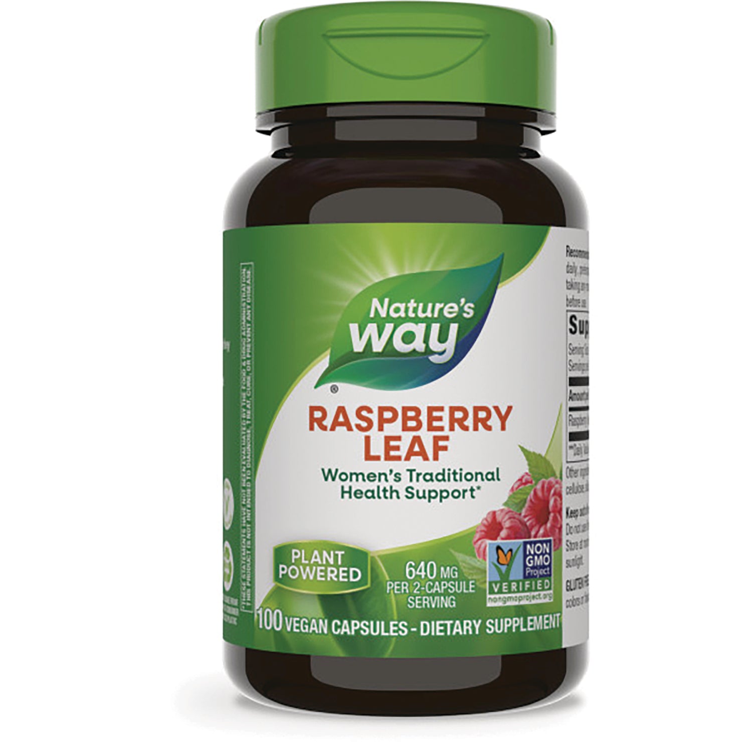 NW843 | Nature's Way Raspberry Leaf dietary supplement bottle, 100 vegan capsules, 640 mg per 2-capsule serving