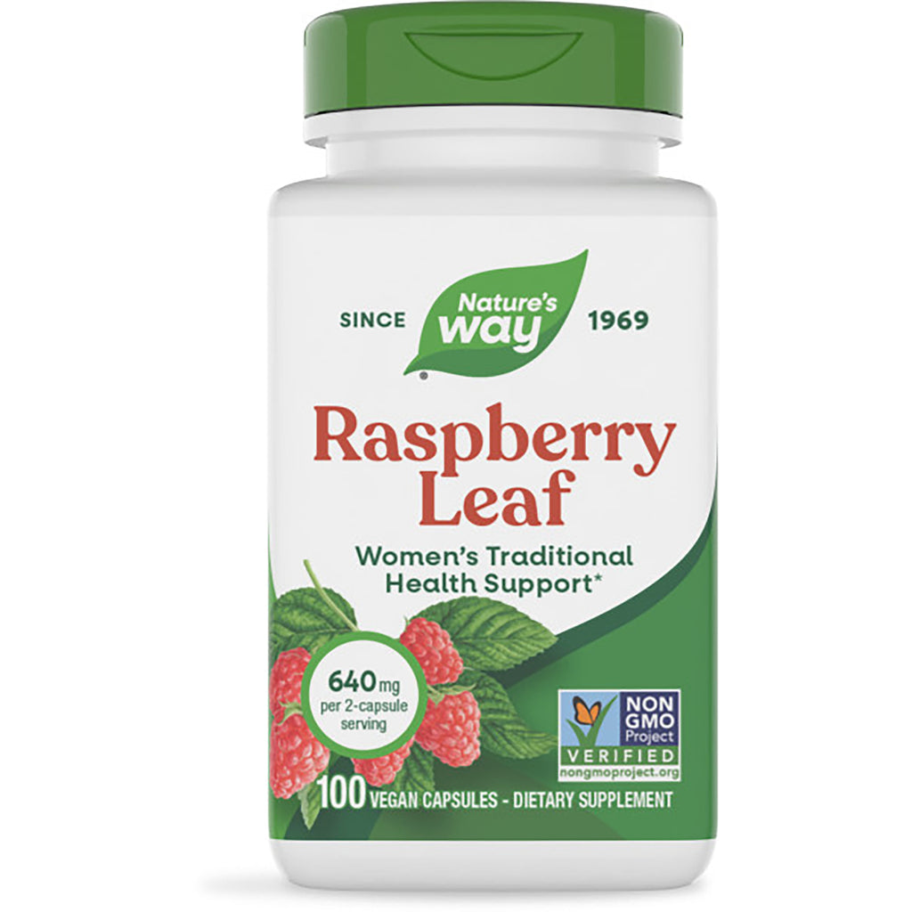 NW843 | Nature's Way Raspberry Leaf dietary supplement bottle, 100 vegan capsules, 640 mg per 2-capsule serving - Thumbnail
