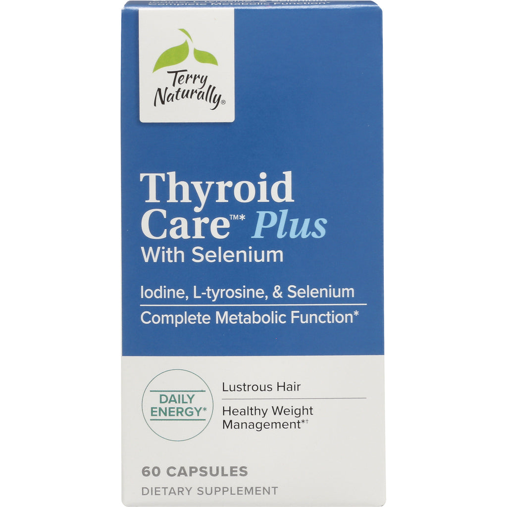 EUR059 | Terry Naturally Thyroid Care Plus supplement box, blue and white packaging, 60 capsules, with selenium - Thumbnail