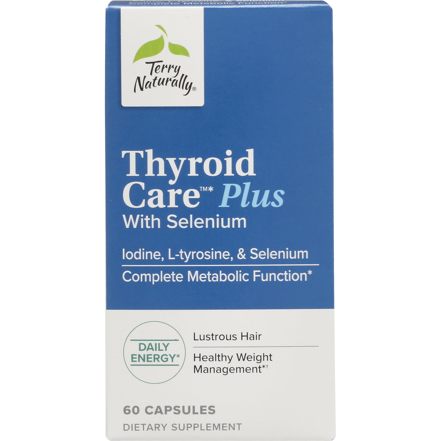 EUR059 | Terry Naturally Thyroid Care Plus supplement box, blue and white packaging, 60 capsules, with selenium