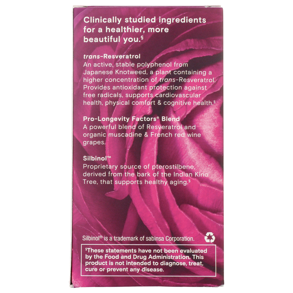 Back of pink supplement box listing trans-Resveratrol, Pro-Longevity Factors blend and FDA disclaimer - Thumbnail