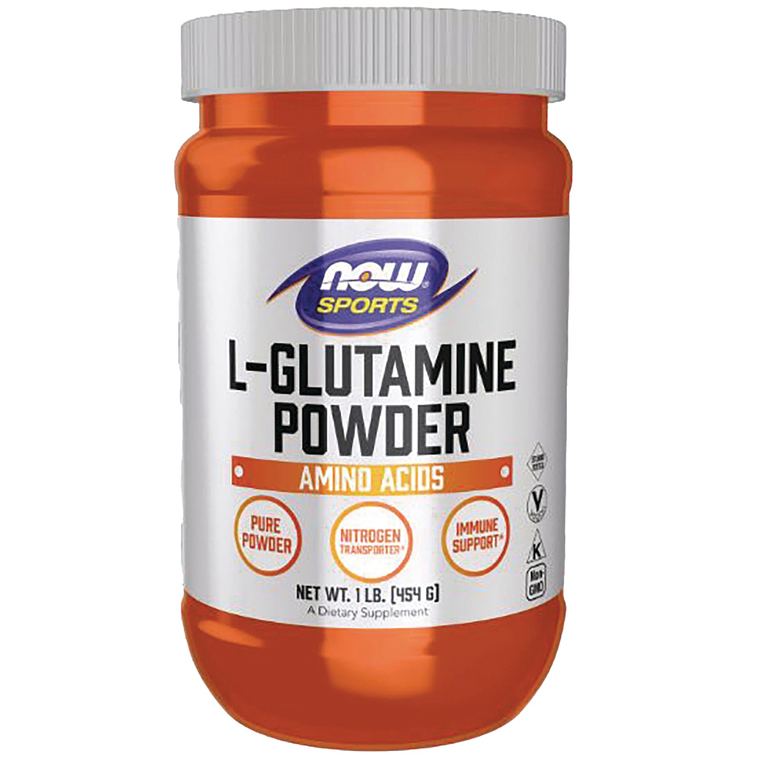 NWF896 | NOW Sports L-Glutamine Powder 1 lb orange supplement jar with white label