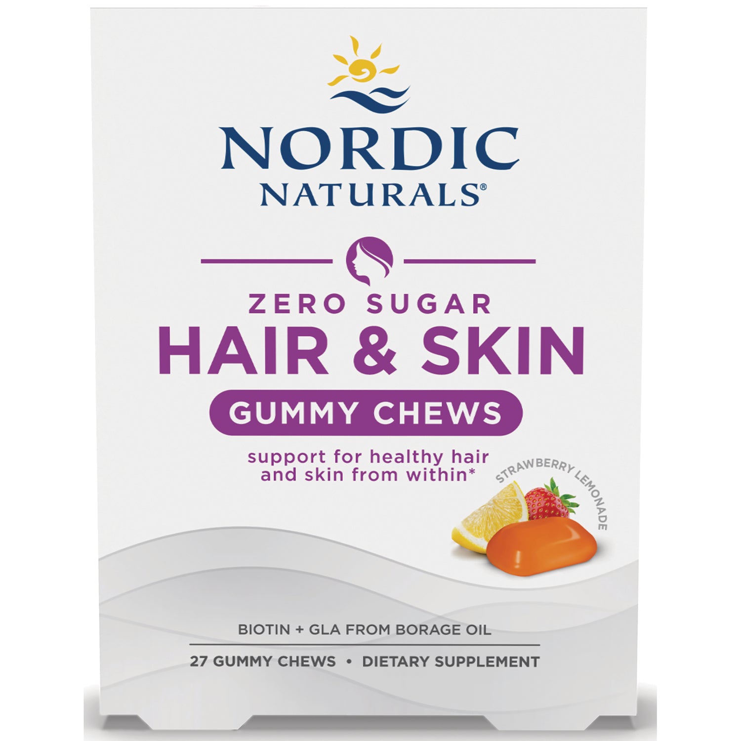 NRN127 | Nordic Naturals Zero Sugar Hair & Skin gummy chews box, strawberry lemonade flavor