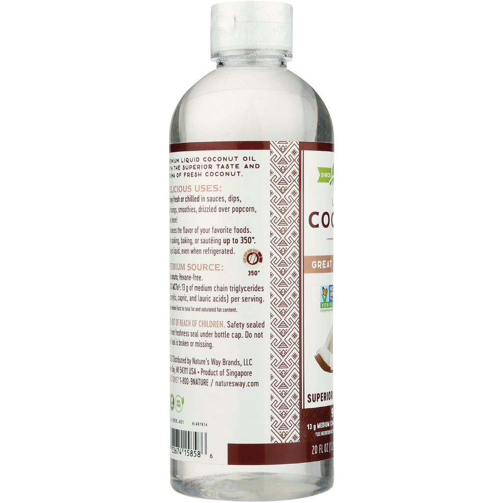 NW848 | back label of clear coconut oil bottle showing usage instructions, ingredient text, and barcode - Thumbnail