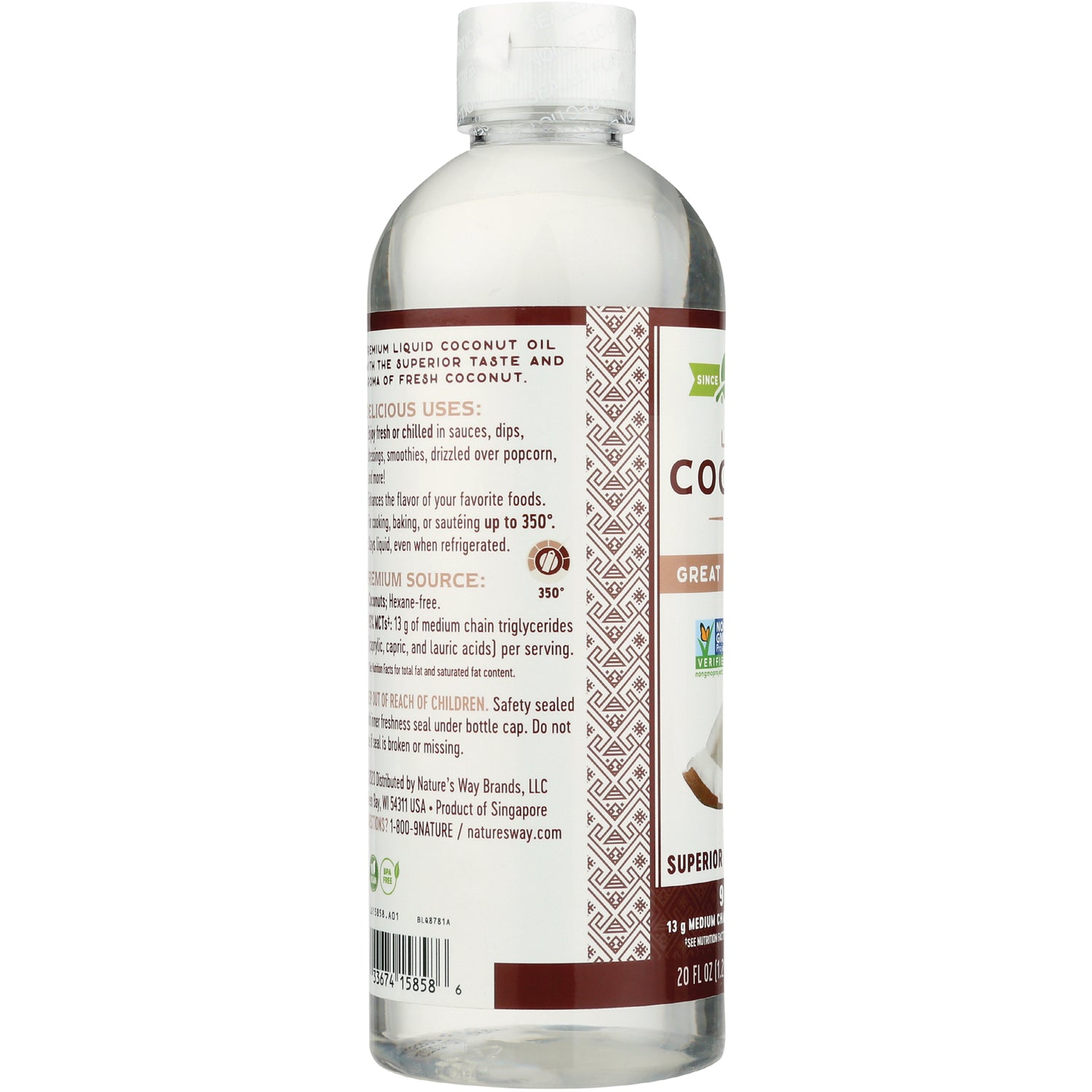 NW848 | back label of clear coconut oil bottle showing usage instructions, ingredient text, and barcode