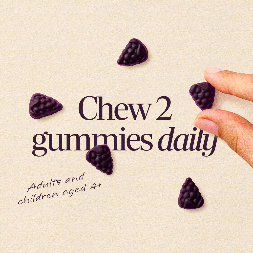 NW883 | Chew 2 gummies daily for adults and children aged 4+, shown with berry-shaped gummies - Thumbnail